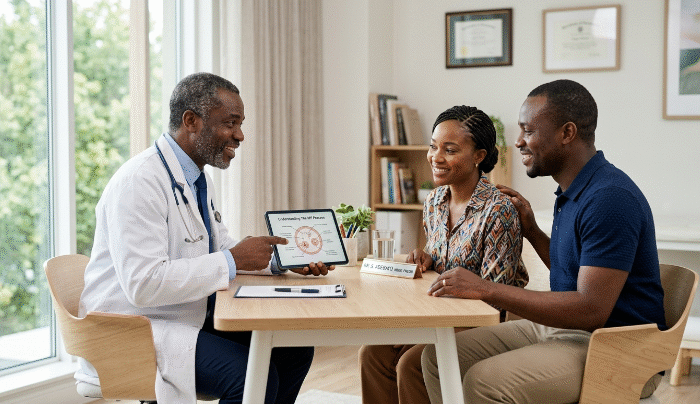 Alt Text: A compassionate fertility doctor explaining a diagram on a tablet to a young Nigerian couple at Netcare IVF, the best IVF clinic in Nigeria.