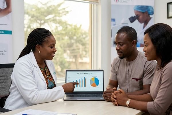 A black female doctor in a white coat explains IVF success rates in Nigeria on a laptop to a smiling Black couple during a consultation at a fertility clinic.