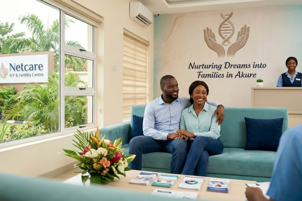 Happy Nigerian couple consulting at Netcare Fertility Centre, the best fertility clinic in Akure, Ondo State