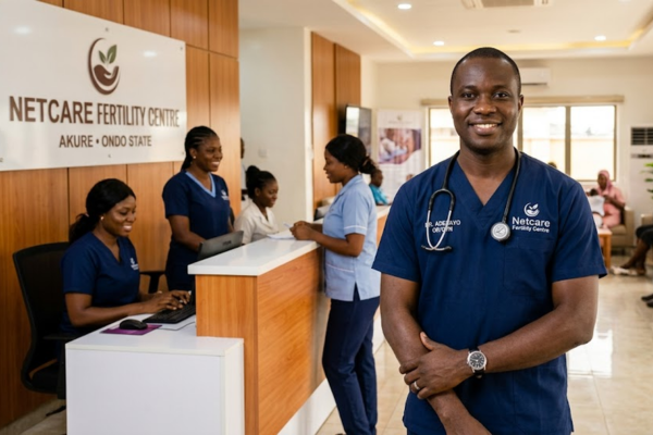 a confident dark-skinned doctor wearing navy blue scrubs and a stethoscope, stands smiling in the welcoming reception of Netcare Fertility Centre, providing expert IVF treatment in Ondo State