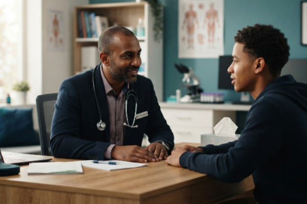 A male infertility specialist Akure consulting with a patient in a modern fertility clinic.