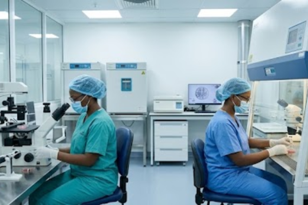 Inside the advanced embryology laboratory at the Netcare Fertility Centre, recognized as the best fertility hospital Southwest Nigeria, where a skilled, dark-skinned embryologist in surgical scrubs works meticulously at a microscope and micro-manipulation station to culture embryos.