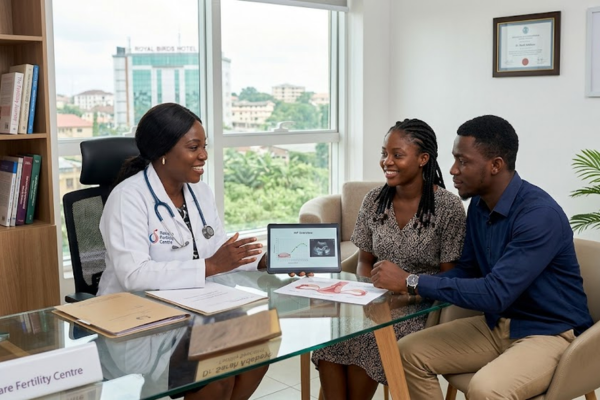 Fertility specialist discussing low cost IVF Nigeria options with a couple at Netcare Fertility Centre.