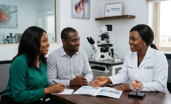 A female fertility doctor at an ICSI treatment clinic Nigeria discusses family planning options with a couple