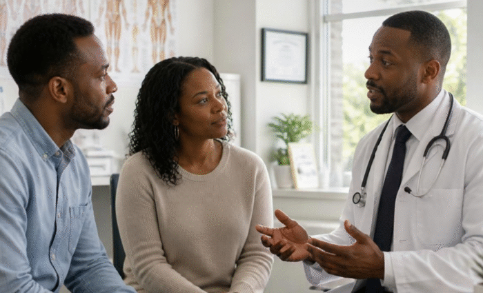 top infertility doctor in akure consulting with black patient couple in medical clinic office