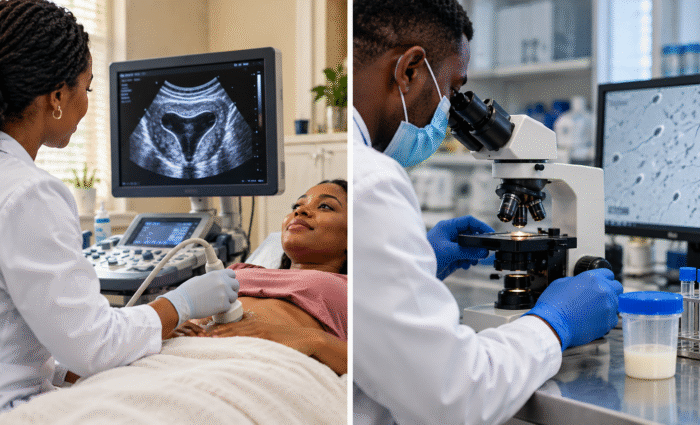 Pelvic ultrasound and semen analysis during a fertility evaluation